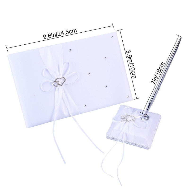 FRECI Wedding Guest Book and Pen Set Double Heart Rhinestone Decor Signature Book with Pen for Wedding Party Decorations - White - Image 2